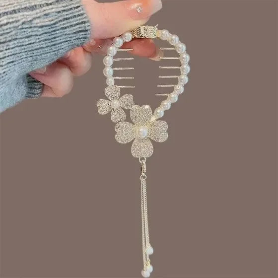 Ladies Butterfly Rhinestone Pearl Metal Hair Claw Round Bun Ponytail Holder