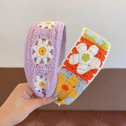 Sweet Embroidery Flower Kids Hair Hoops Colorful Knit Woolen Autumn Winter Wide Hairband for Girl Headwear