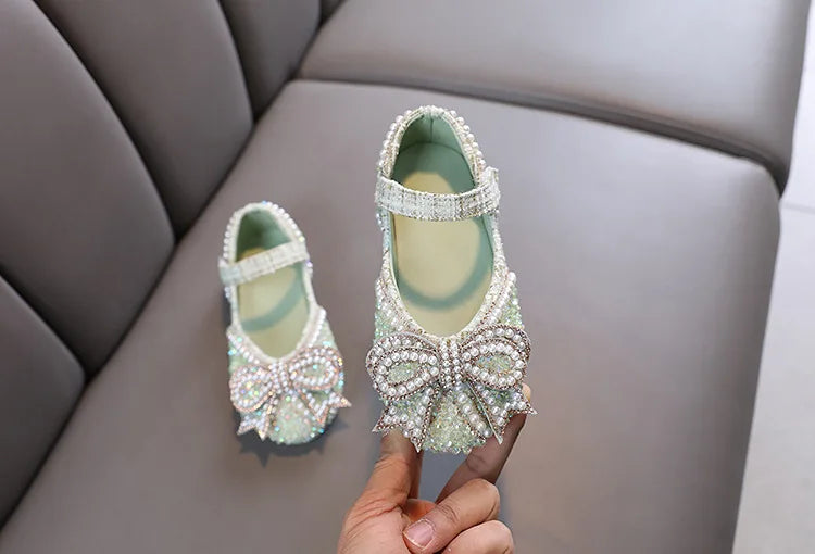 Girls Shoes Bling Single Shoes for Stage Performance Mary Janes Bow Crystal Glitter Wedding Flats Dance Party Leather Shoes New