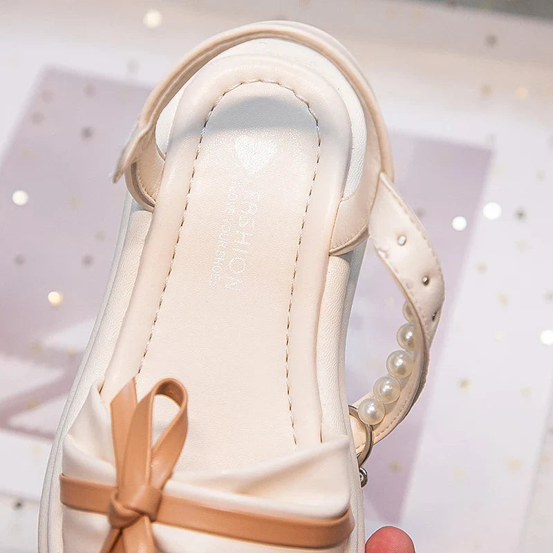 Girls Sweet Princess Sandals Soft Bottom Children Summer Beach Shoes Non-Slip Soft Sole Kids Flats Beading Sandals with Bow-knot