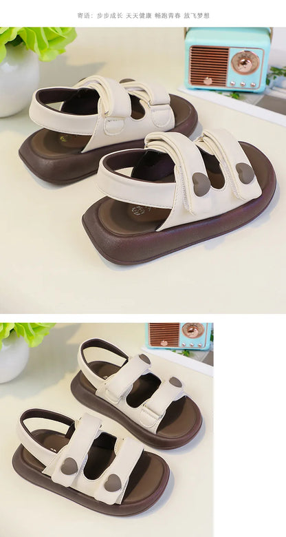Children's Sandals Summer PU Leather Hook Loop Girls Sandal Breathable Soft Sole Kids Beach Shoes