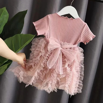 1-5 Years Kid Girl Party Dress Summer Solid Short Sleeve Lace Ribbed Mesh Dress Birthday&Wedding Party Clothing for little Girls