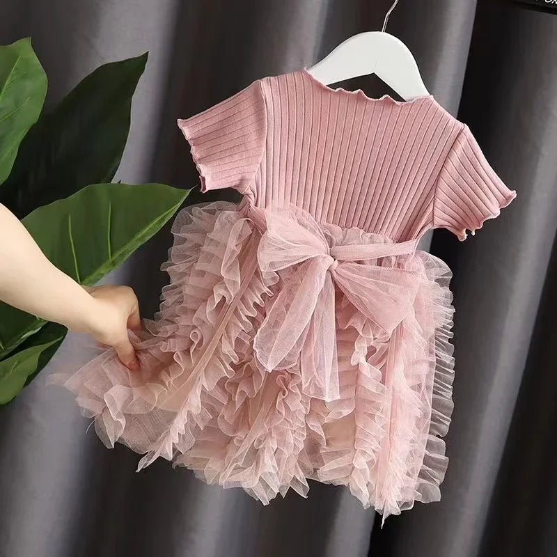 Kid Girl Party Dress Summer Solid Short Sleeve Lace Ribbed Mesh Dress Birthday&Wedding Party Clothing for little Girls