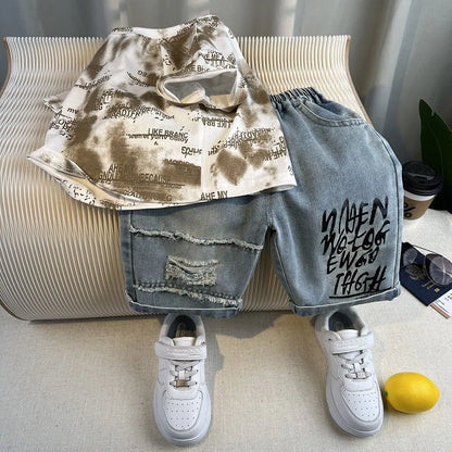 Hot Sale Fashion Baby Boy Suit Summer Clothes Short Sleeve T-shirt Short Jeans 2 Piece Set Kids Outfit Children's Costume