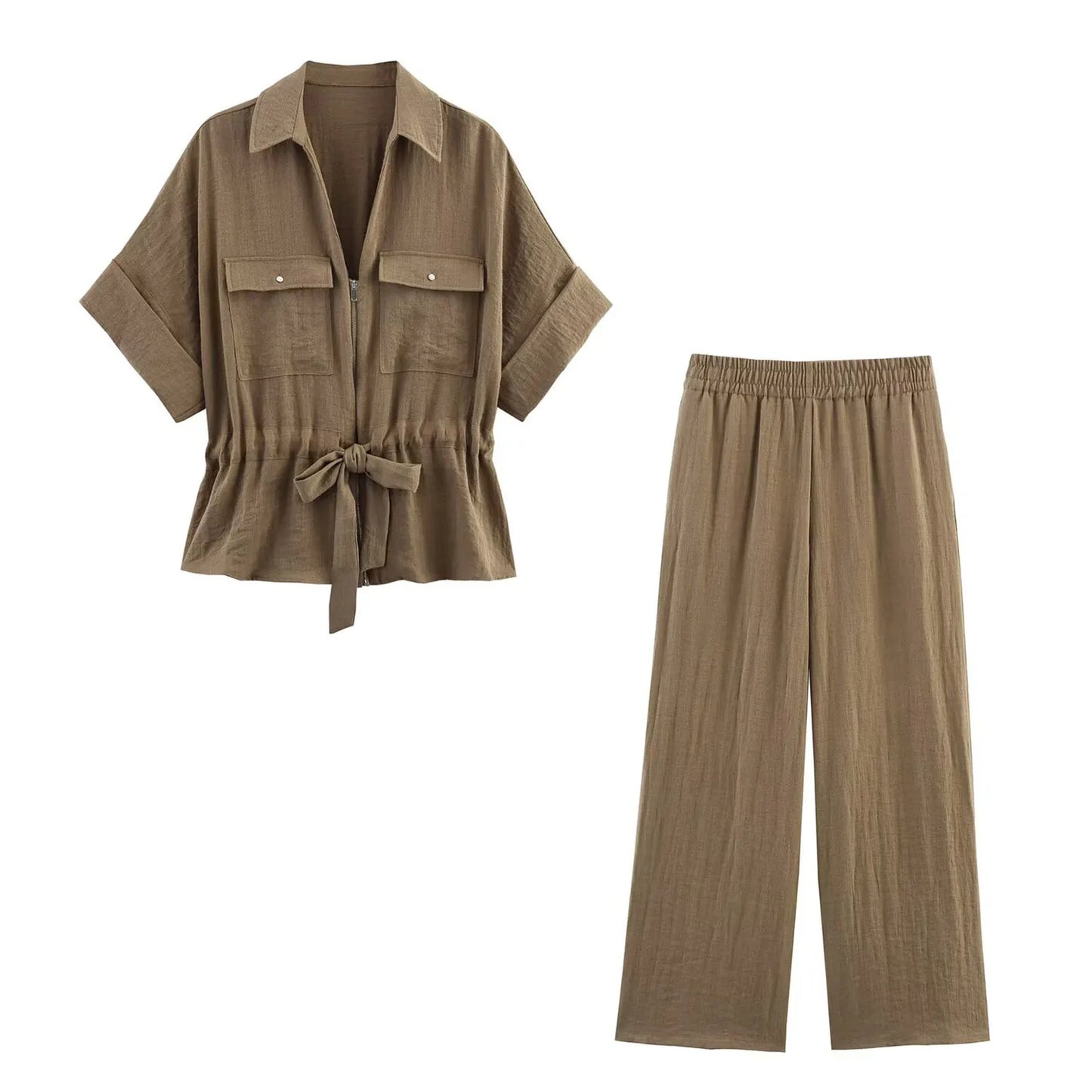 HH Women Pants Suit Solid Short Sleeve Zipper Pocket Drawstring Design Shirt Top+Elastic Waist Loose Casual Wide-leg Pants