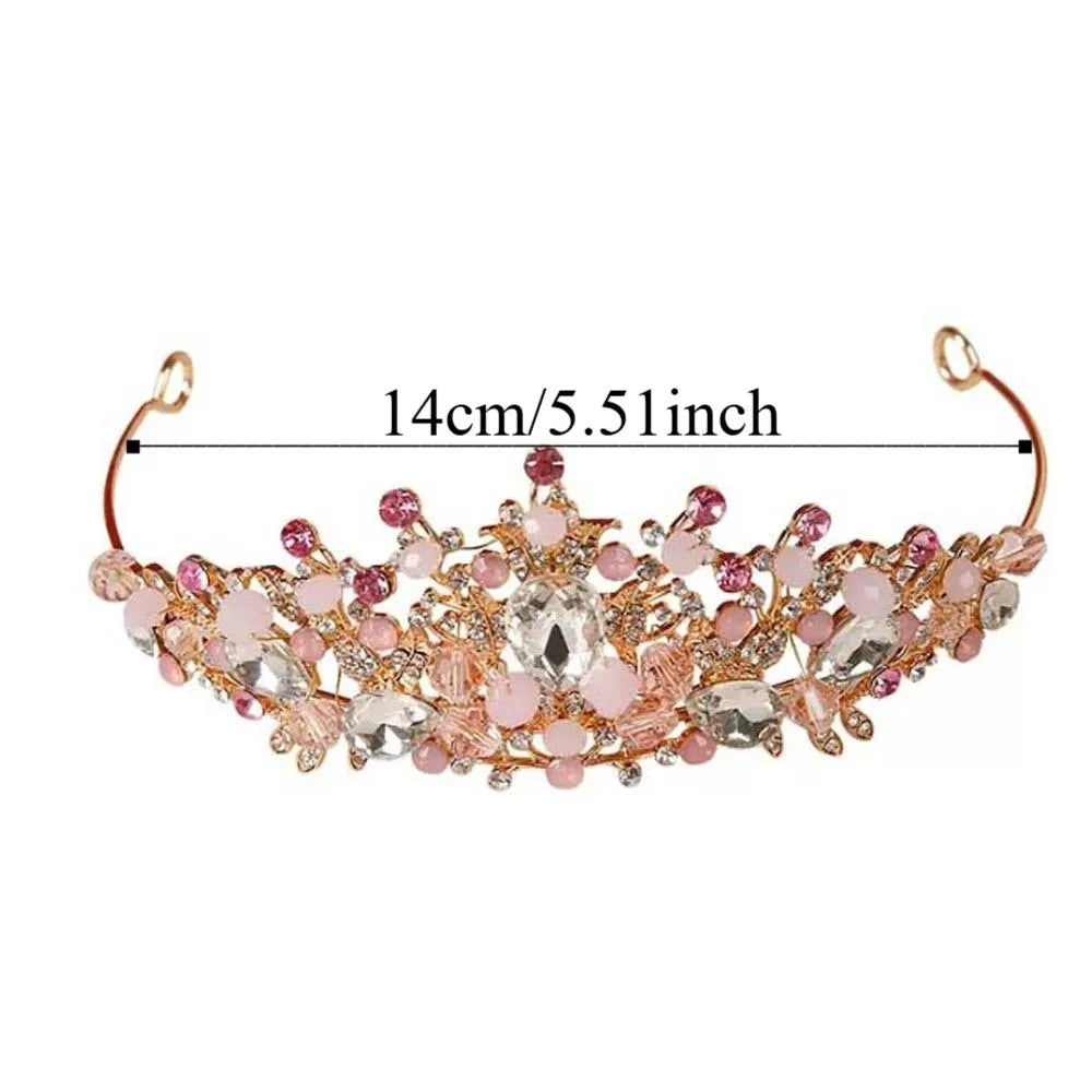 Ancient Vintage Pink Floral Crown Elegant Shiny Crown Hair Accessory Headwear Alloy Princess Rhinestone Tiara Photography Props