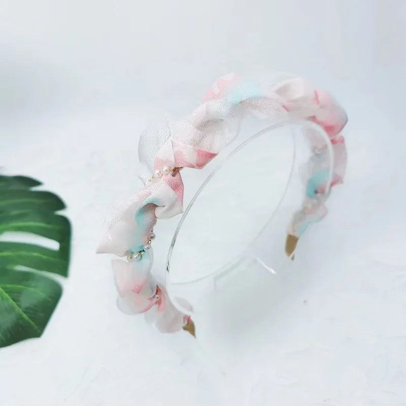 French Pearl Headband – Crinkled Fabric with Floral Print, Padded Volumizing Hairband for Women Headbands for Women