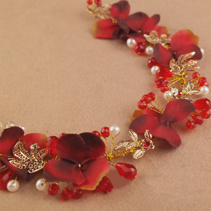 Artificial Flower Hairband Wedding Tiaras For Women Red Floral Pearl Headband Elegant Girls Hair Hoop Bridal Headwear Jewelry