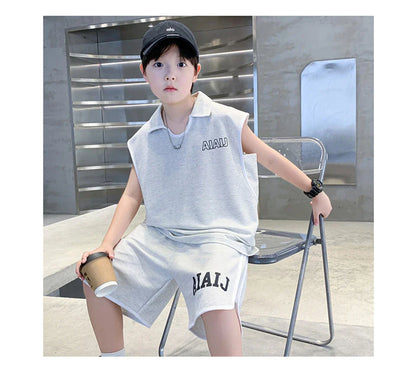Boys Clothing Set American Style Children Vintage Vest Casual Sport Loose Pullover Sleeveless T-shirt Top Shorts Two-piece Set