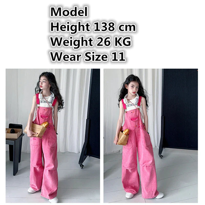 Luxury Kids Pink Denim Dungarees Bib Jeans for Teens Girl Casual Suspender Jumpsuit Child Fashion Jeans Overalls