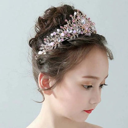 Ancient Vintage Pink Floral Crown Elegant Shiny Crown Hair Accessory Headwear Alloy Princess Rhinestone Tiara Photography Props