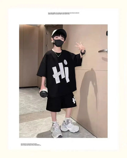 New Boys Sport Clothing Sets Summer Big Kids Loose Clothes Suit Short Sleeve Tops+Shorts 2Pcs Children Fashion Handsome Outfits