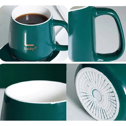 Heated Coffee & Tea Mug Set, Ceramic Thermostatic Cup with Lid & Spoon, Fashionable Lucky Cup, Valentine’s Day Gift