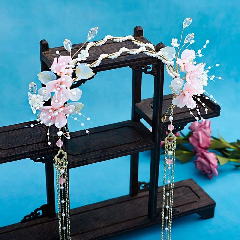 Flower Hanfu Tassel Hair Hoop Beads Crown Chinese Ancient Hairband Double-layer Alloy Swaying Fairy Headwear Hairstyle Tool