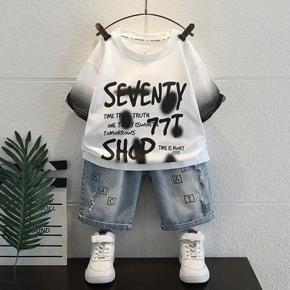 Korean Boys Summer Children's Top and Bottom 2PC Sets Short Sleeve T-Shirt & Denim Shorts Kids Clothes 1-7 Years Black Toddler
