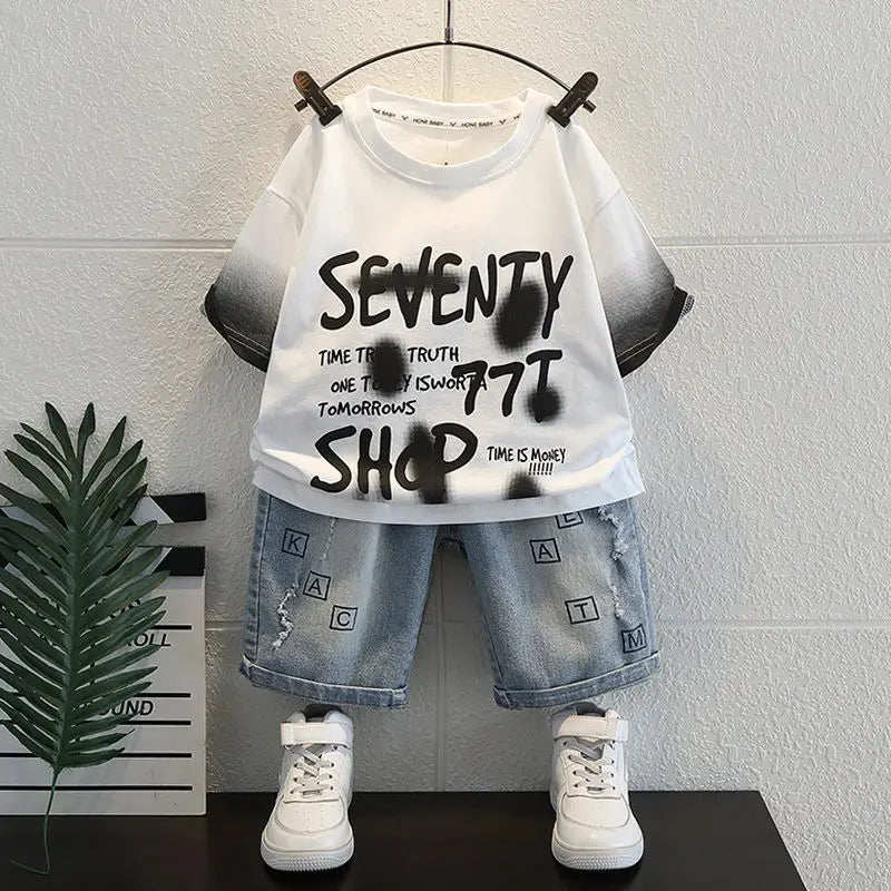 Korean Boys Summer Children's Top and Bottom 2PC Sets Short Sleeve T-Shirt & Denim Shorts Kids Clothes 1-7 Years Black Toddler