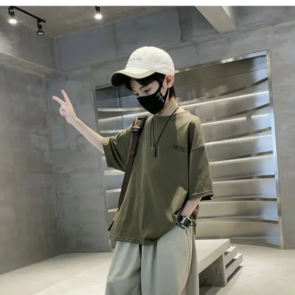New Teenage Children's Clothing Big Boys Summer Cotton Set Summer Loose Boy Handsome T-shirt+ Lantern Pants Set Outfits