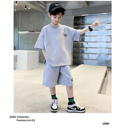 New Teenager Casual Outfits Children Trends Clothes Suits Kids Short Sleeves Tops+Baggy Pants 2Pcs