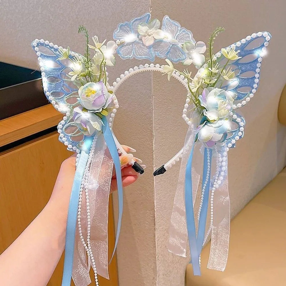 Fresh Sweet Butterfly Flowers Hairband Pearl Beads Silk Ribbon Floral Headwear Fairy Hair Jewelry Decorative Headwear Women Wear
