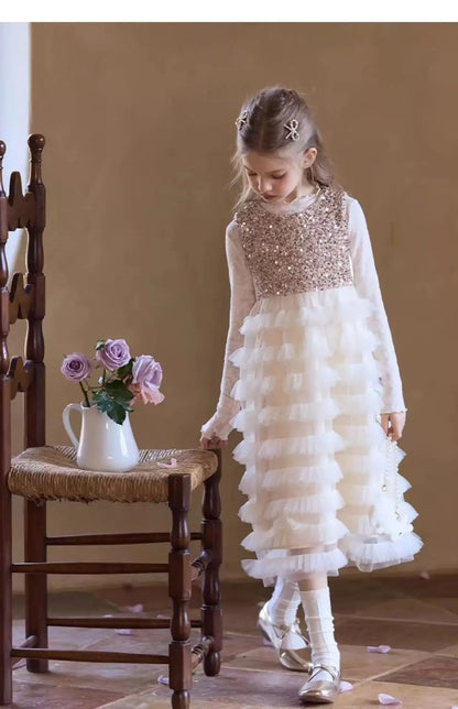 New Summer Party Dress for Kids Girls Sequined Sleeveless Mesh Cake Princess Dress Fashionable and Comfortable Skirt S4016