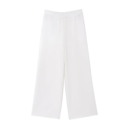HH Women Pants Suit Solid Short Sleeve Zipper Pocket Drawstring Design Shirt Top+Elastic Waist Loose Casual Wide-leg Pants