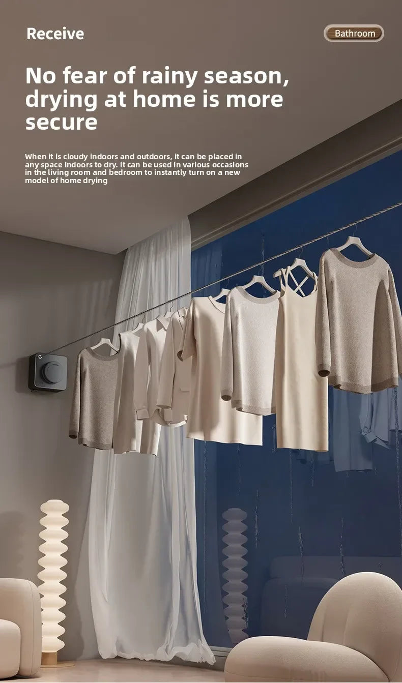 Retractable Clothesline Indoor Invisible Retracting Clothes Drying Laundry Line Wall Mounted Non-Sagging Clothes Hanger Line