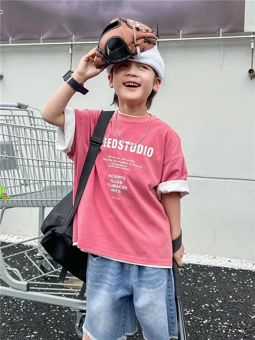 Pure Cotton Children's Short Sleeved Simple Trendy Letters Faded and Worn Half Sleeved T-shirts Boys Girls Stylish