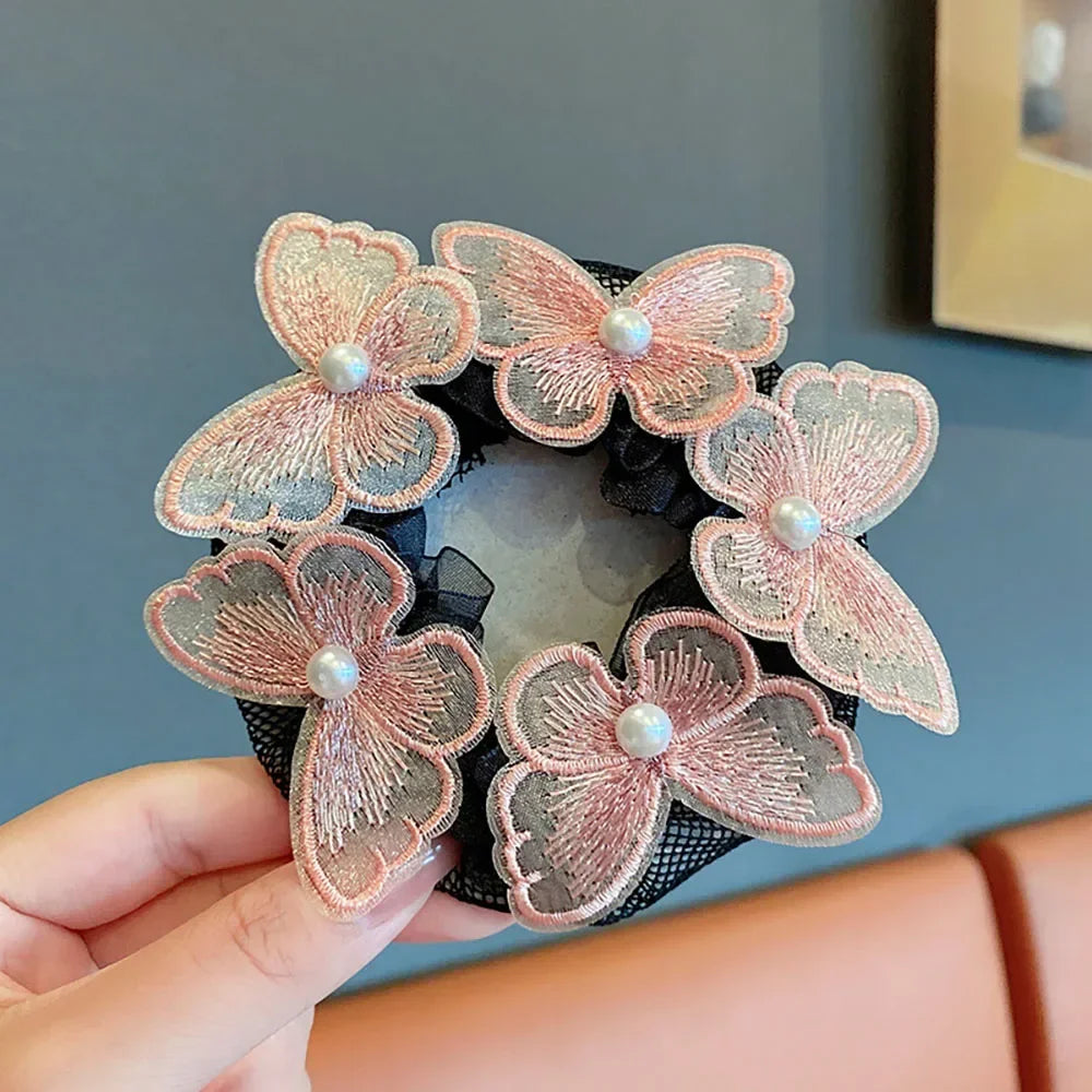 Girls Dance Hairnet Ballet Bun Cover Flower Butterfly Pearl Rhinestone Hair Mesh Kids Training Daily Dance Accessories