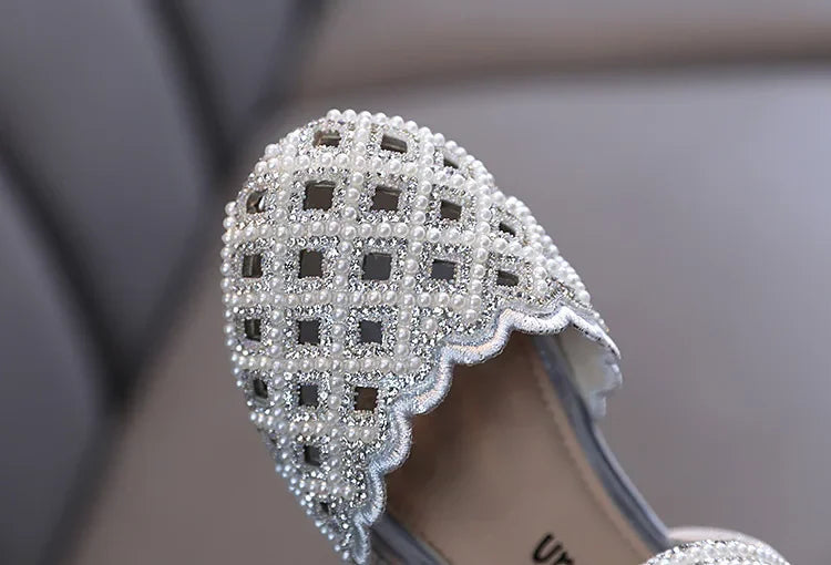 Children Spring Summer Korean Version Dance Shoes Girls Pearl Show Shoes Girl Rhinestone Princess Lace Leather Shoes Solid Color