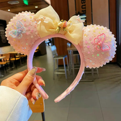 Adorable Sweet Rainbow Mouse ears veil Headband Gradient Butterfly Knot Hairband Theme Fresh Style Women's Hair Accessories