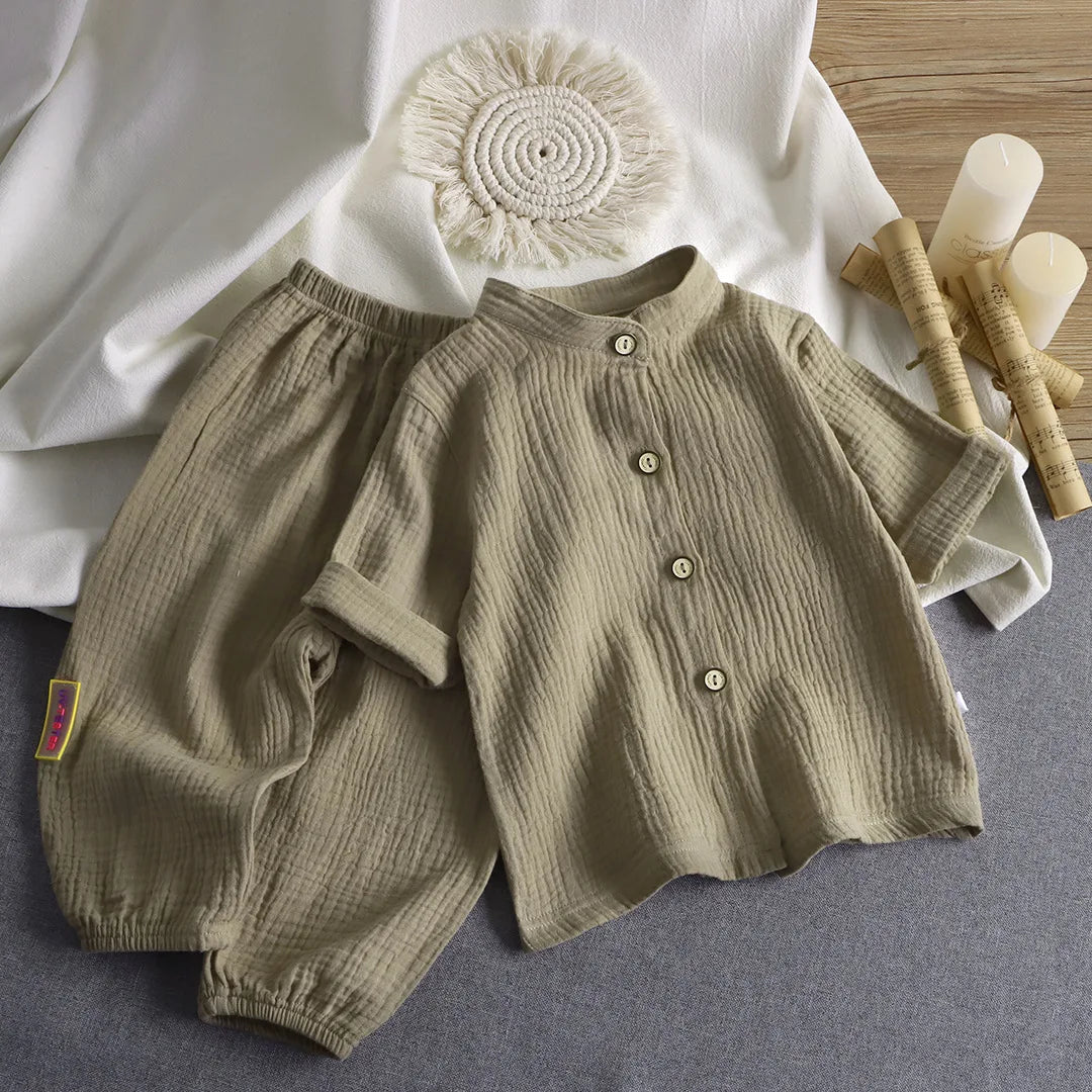 Children's Stand Collar Solid Cotton Set Kids Boy Homewear Clothes Children Clothing Casual Long Pants Set Daily