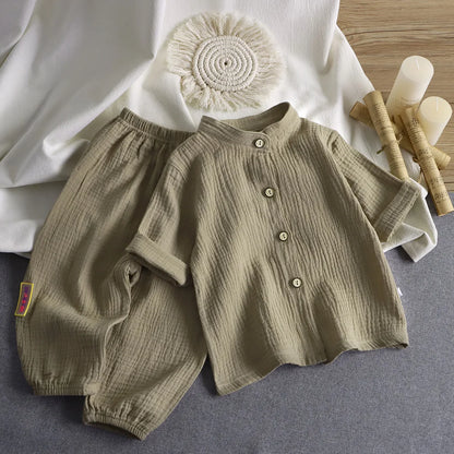 Children's Stand Collar Solid Cotton Set Kids Boy Homewear Clothes Children Clothing Casual Long Pants Set Daily