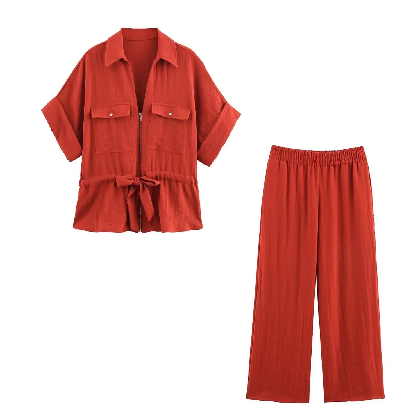 HH Women Pants Suit Solid Short Sleeve Zipper Pocket Drawstring Design Shirt Top+Elastic Waist Loose Casual Wide-leg Pants