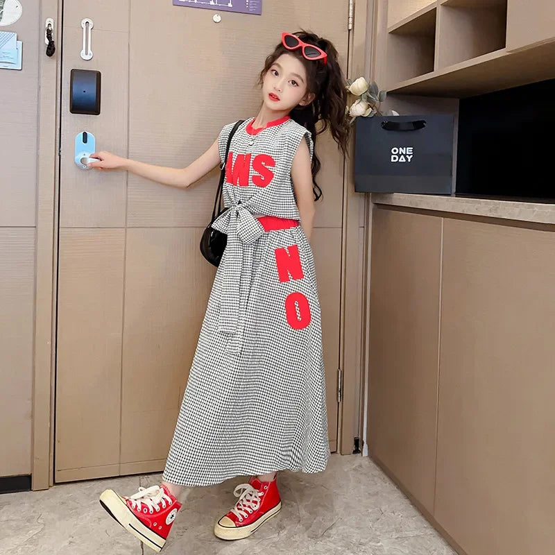 Girls Clothes Summer Kids Fashion Letter Vest + Skirt 2pcs Set Children Clothing Suit Teen Girl Plaid Bowknot Sleeveless Outfits