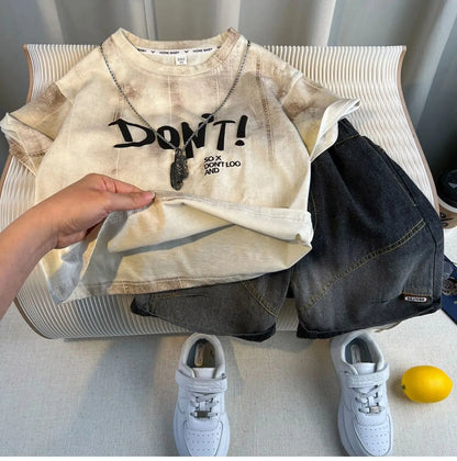 New Boys Fashion Summer Cotton Letter Printing T-shirts+Graffiti Denim Shorts 2pcs Set Kids Korean Outfits Sets Children Clothes