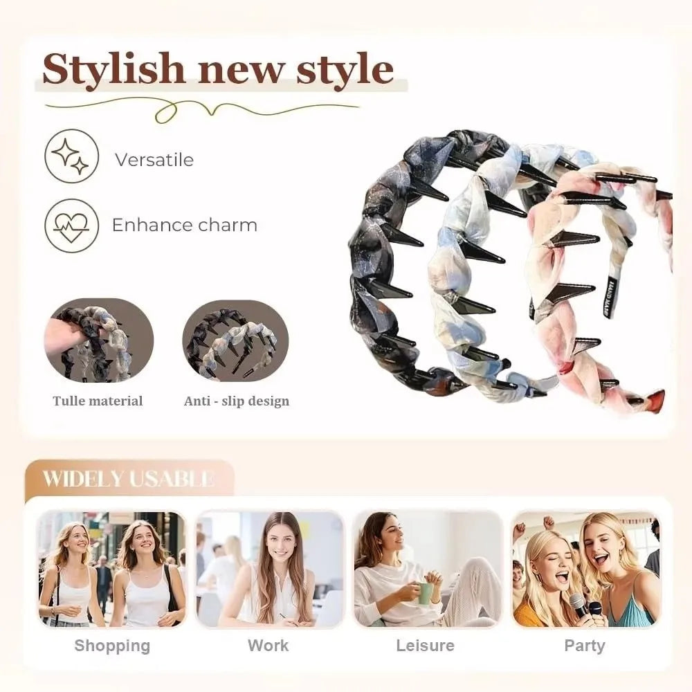 Fashion Lace Mesh Hairband Pleated U Shape Hair Comb Toothed High Cranium Hair Hoop for Women Girls