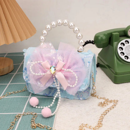 Cute Sequin Bow Kids Mini Square Shoulder Bags Versatile Children Chain Crossbody Bag Lace Girls Pearl Handbags Clutch Purse