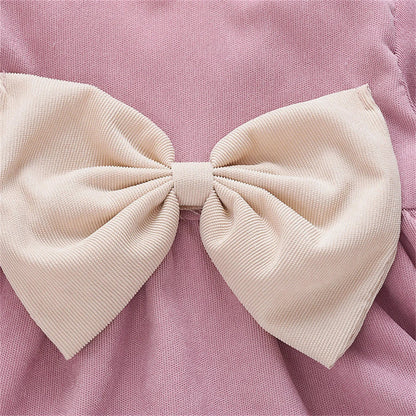 Winter Baby Girl Fleece Dress Bow Soft Standing Neck Solid Color Thickened And Warm Retro Baby Dress  (Available)