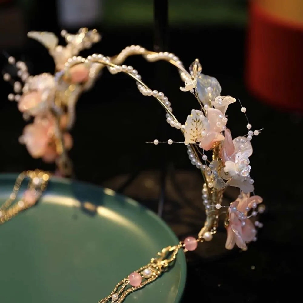 Flower Hanfu Tassel Hair Hoop Beads Crown Chinese Ancient Hairband Double-layer Alloy Swaying Fairy Headwear Hairstyle Tool
