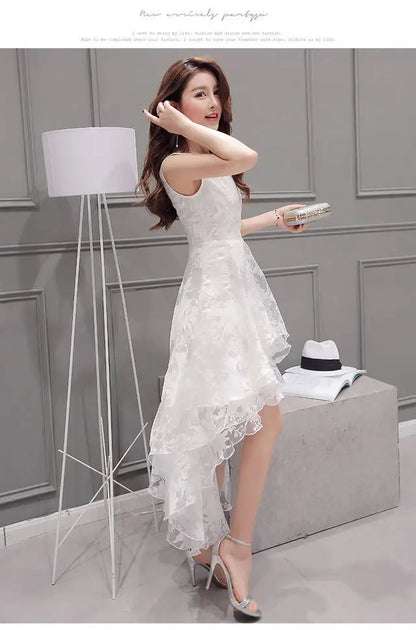 Summer High Low Retro Dress Vintage Women Sleeveless Front Back Short Long Organza Lace Dress Ladies Elegant Party Dress  (Available)