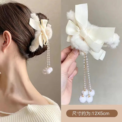 New Elegant Plush Hair Claw Plush Bow Tassel Temperament Girls Women Headdress Shark Clip Winter Accessories Hair Cute