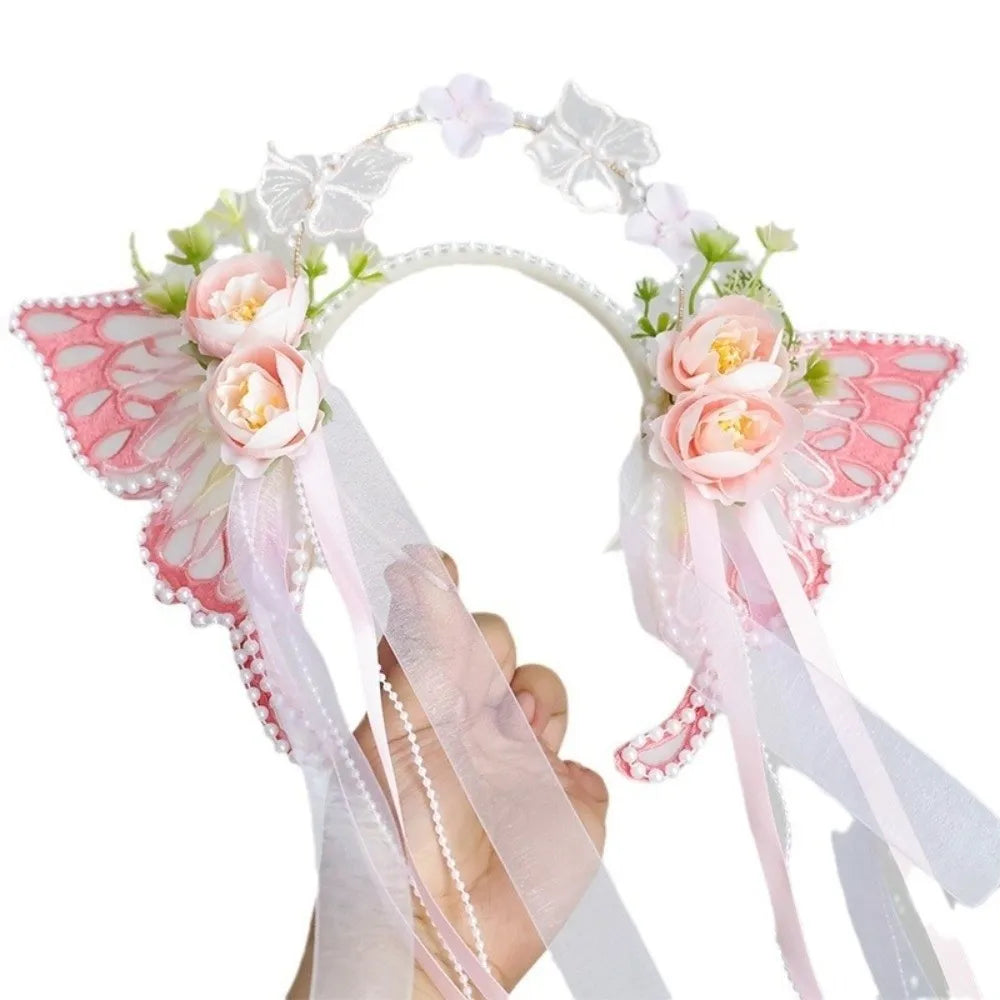 Fresh Sweet Butterfly Flowers Hairband Pearl Beads Silk Ribbon Floral Headwear Fairy Hair Jewelry Decorative Headwear Women Wear