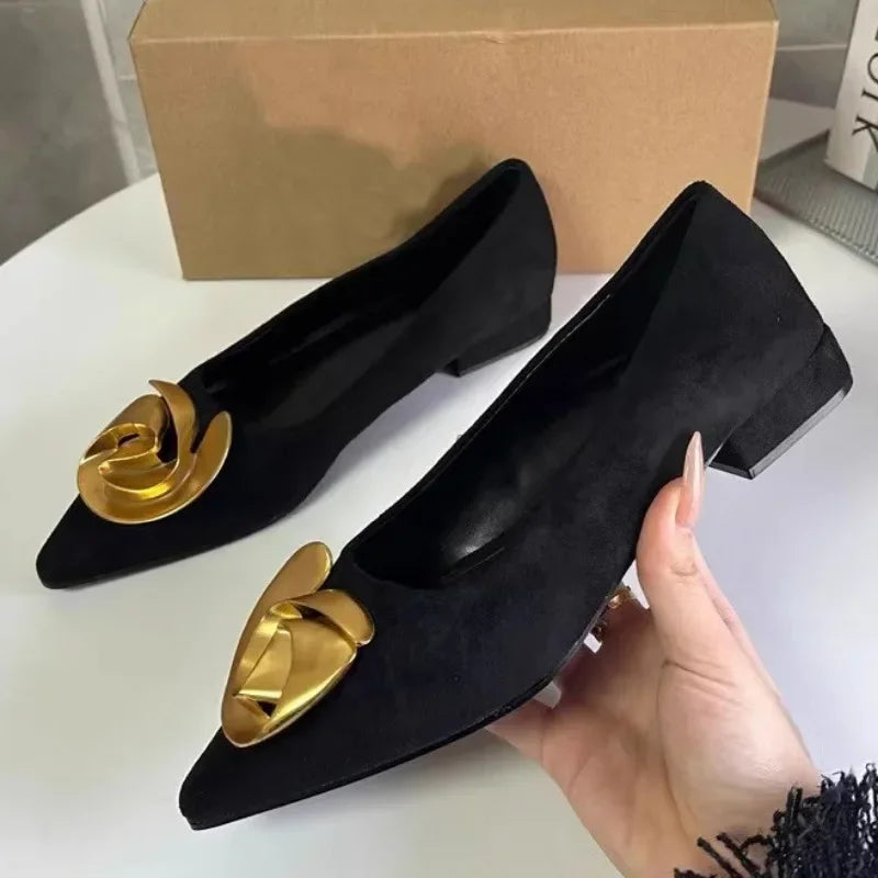 Elegant Office Women's Dress Shoes  Summer New Black Shallow Pointed Toe Fashion Metal Flower Comfortable Ladies Flats