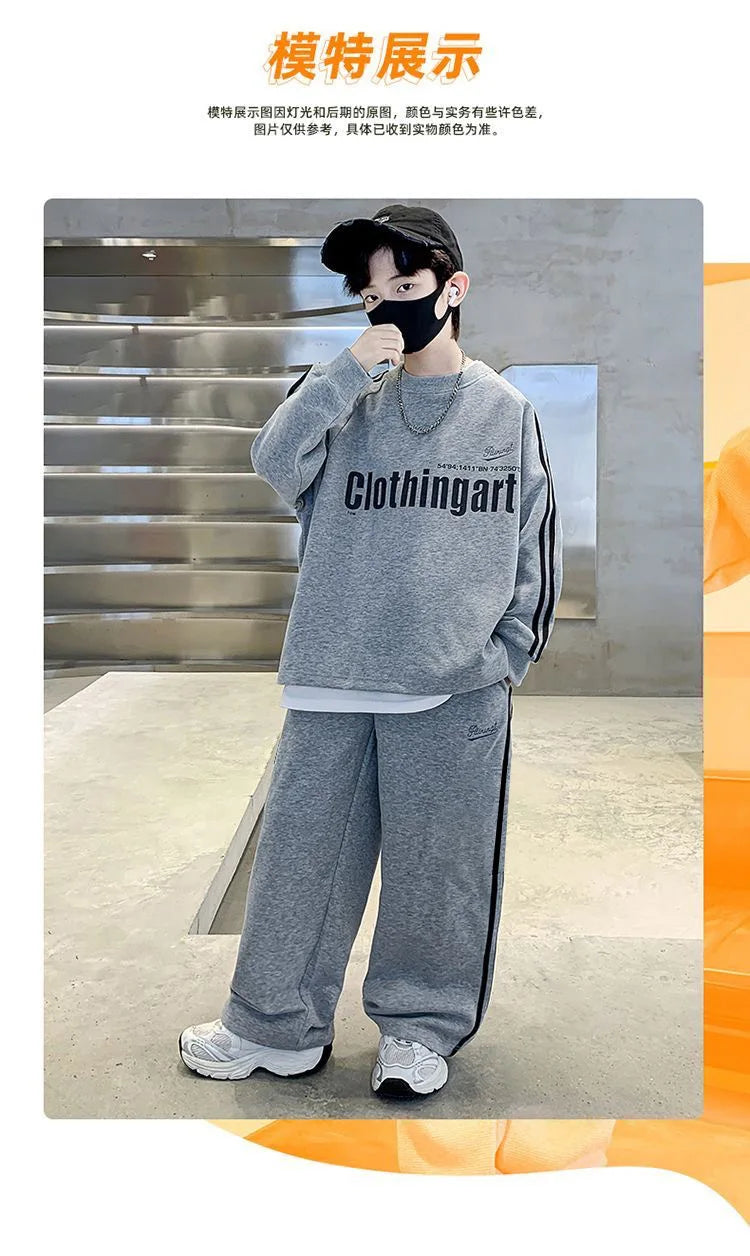 Teenager boys Suit autumn winter Cloth letter striped sweatshirt hooded + wide leg Pants tracksuit 5 8 10 12 Year Child set