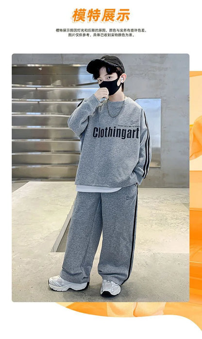 Teenager boys Suit autumn winter Cloth letter striped sweatshirt hooded + wide leg Pants tracksuit 5 8 10 12 Year Child set