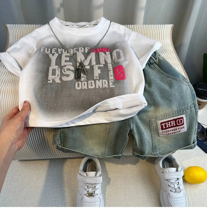 New Boys Fashion Summer Cotton Letter Printing T-shirts+Graffiti Denim Shorts 2pcs Set Kids Korean Outfits Sets Children Clothes
