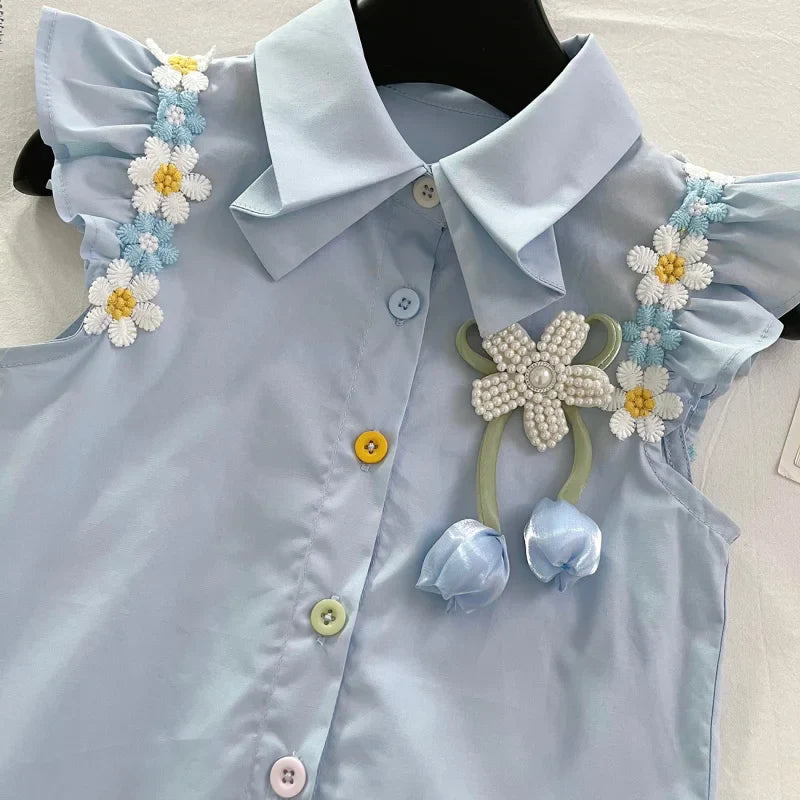 Summer New Baby Floral Short Sleeve Puff Sleeve Top Elastic Waist Pleated Skirt Girls' Set17401
