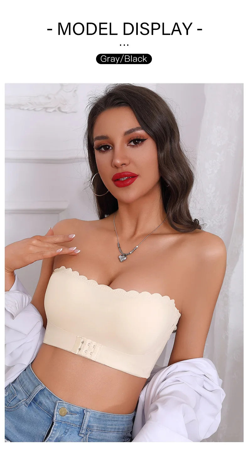 Women's Strapless Front Closure Bra Wireless Bandeau Non-slip Underwear Wavy Edge Chest Wraps Padded Push Up Tube Top Bralette