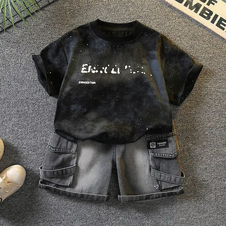 Baby Boys Summer Clothes Fashion Crew Neck Children Tracksuit Letter Printed T-shirt Denim Shorts 2pcs Suit Kids Outfit 2-11Y