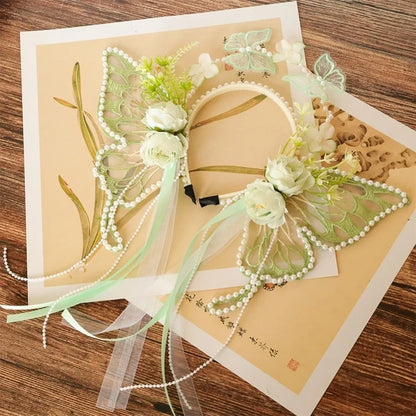 Fresh Sweet Butterfly Flowers Hairband Pearl Beads Silk Ribbon Floral Headwear Fairy Hair Jewelry Decorative Headwear Women Wear